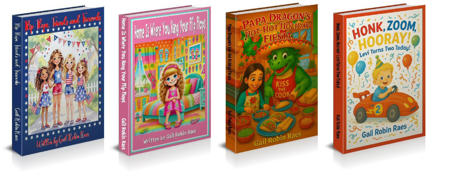 Books: Flip Flops, Friends and Fireworks, Home Is Where You Hang Your Flip Flops, Papa Dragon's Halloween, Honk Zoom Hooray