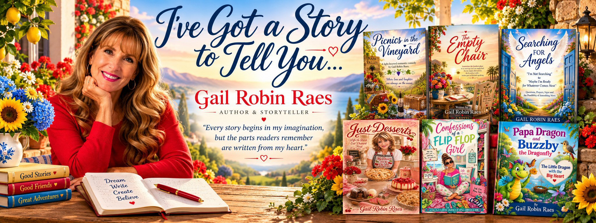 Gail Robin Raes, author and storyteller, with featured books and the words I've Got a Story to Tell You